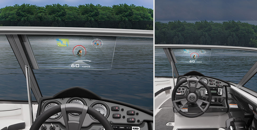 concept of boat HUD showing a person floating in water and the HUD displaying a zoomed in view of that person